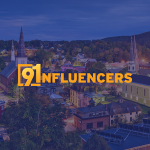 91 Influencers logo over a Vermont downtown landscape.
