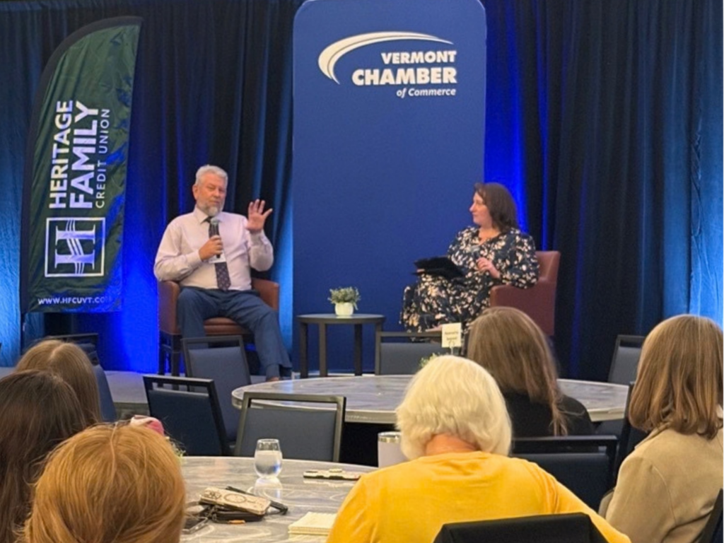 Russ Marsan of Workforce in Motion and Amy Spear talk during a featured session at the 2026 Solutions Summit