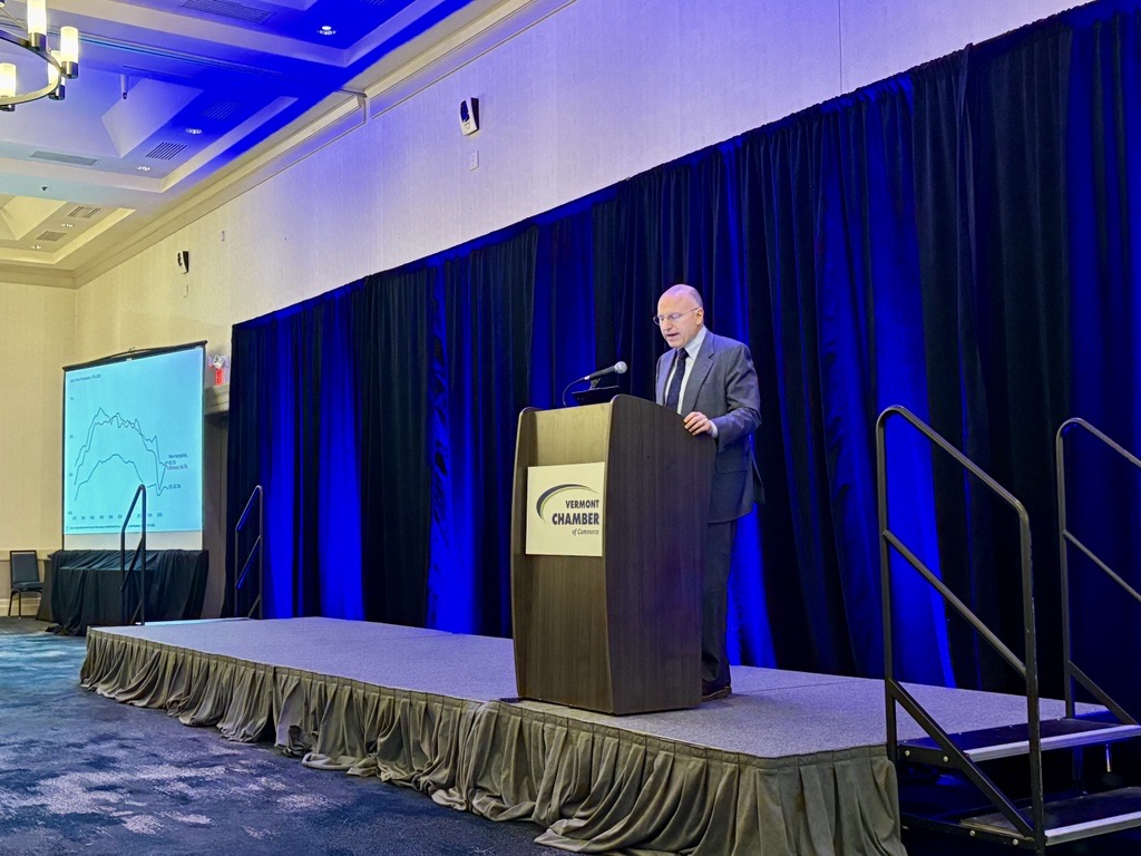 Stephen Moret giving a keynote presentation at the 2025 Vermont Solutions Summit