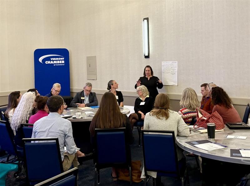 Amy Spear speaking to a group during the Policy Roundtable breakout session at the 2025 Vermont Solutions Summit