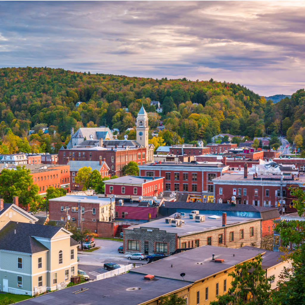 An aerial view of a Vermont downtown.