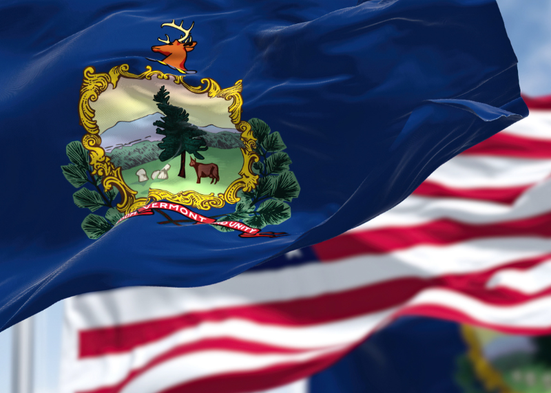 Vermont State Flag on a flag pole blowing in the wind, with the American Flag behind it.