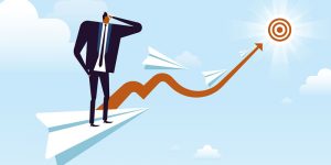 business concept illustration, suited man riding on a rising paper plane